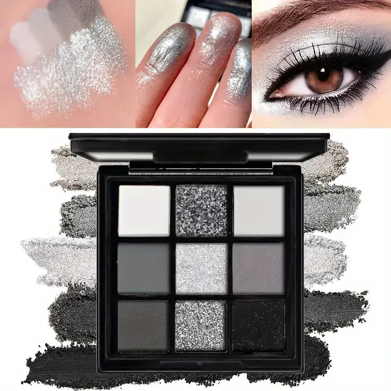 9 Shade Eyeshadow Palette Smoky Black Silver Matte Glitter Long-Lasting Makeup