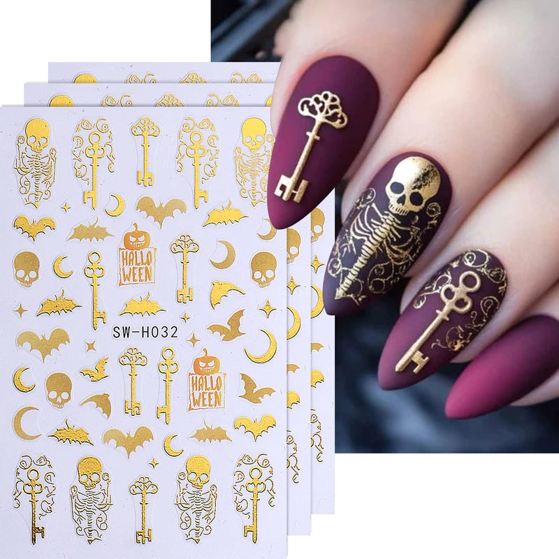 Halloween Nail Stickers Gold Skeleton Pumpkin Bat Key 3pcs Manicure Decals