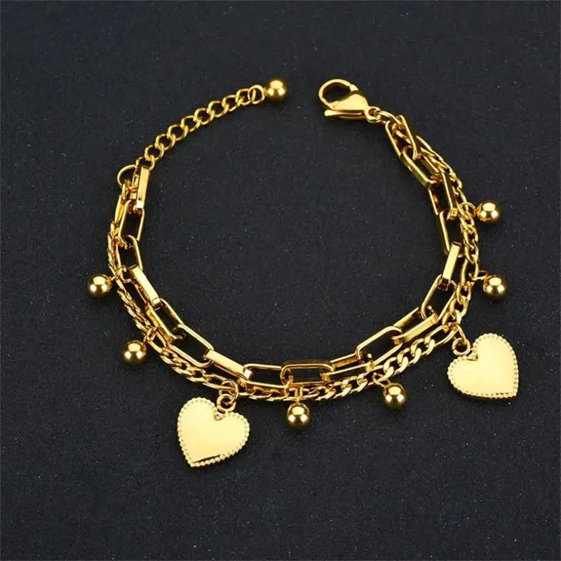 Women’s 2-Layer Heart Charm Chain Bracelet Stainless Steel Jewelry Trendy Gift
