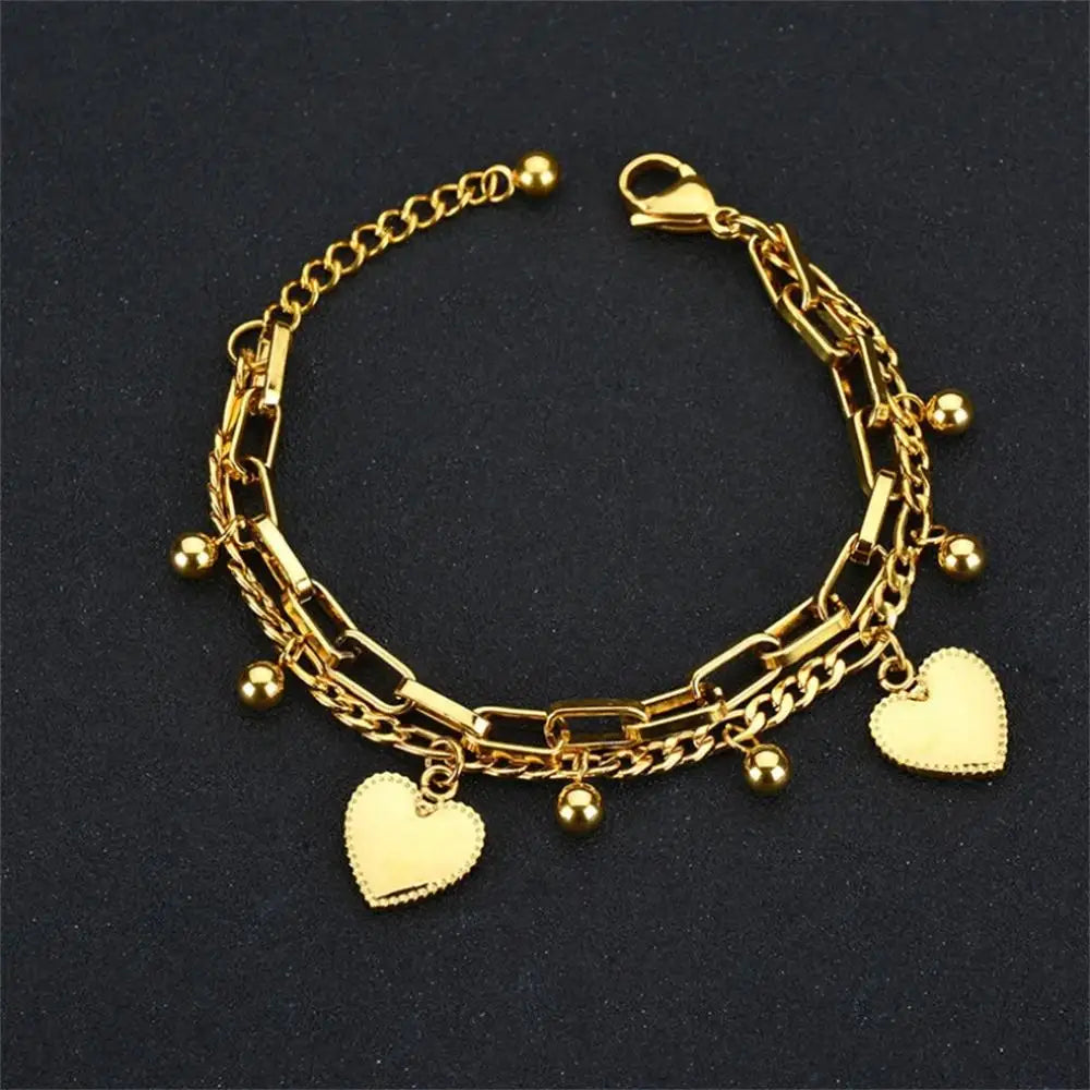 Women’s 2-Layer Heart Charm Chain Bracelet Stainless Steel Jewelry Trendy Gift