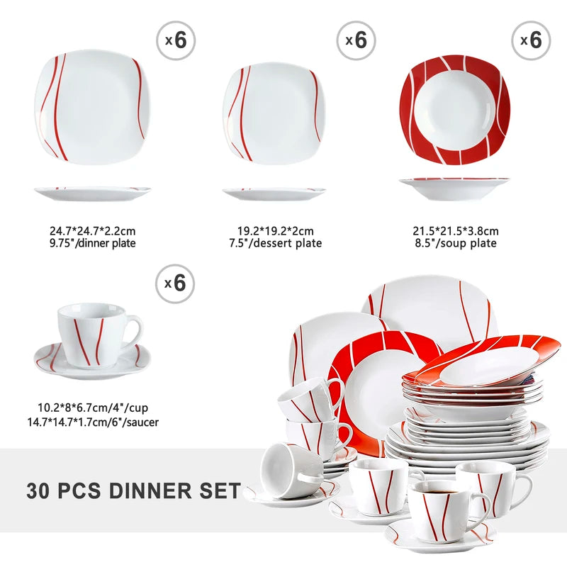 30-Piece Porcelain Dinner Set with Cups, Saucers, Plates - Red Stripes Ivory