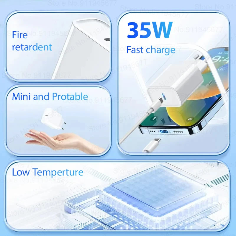 Fast USB-C Phone Charger 35W for iPhone 14/13/12/11/15 Pro Max & More