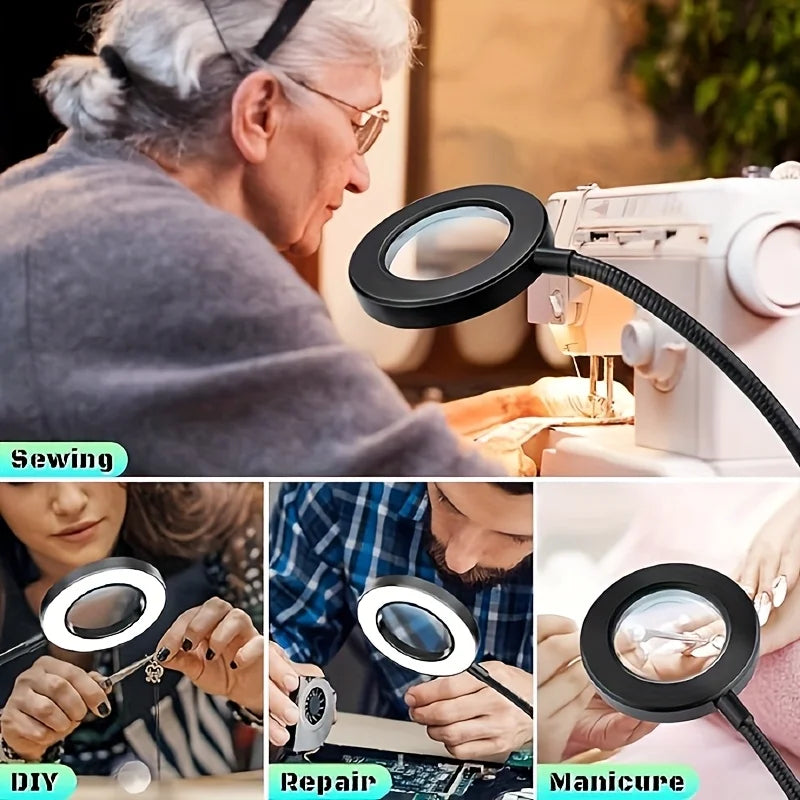 LED Clip-On Magnifying Desk Lamp 5X Magnifier Dimmable Adjustable Light