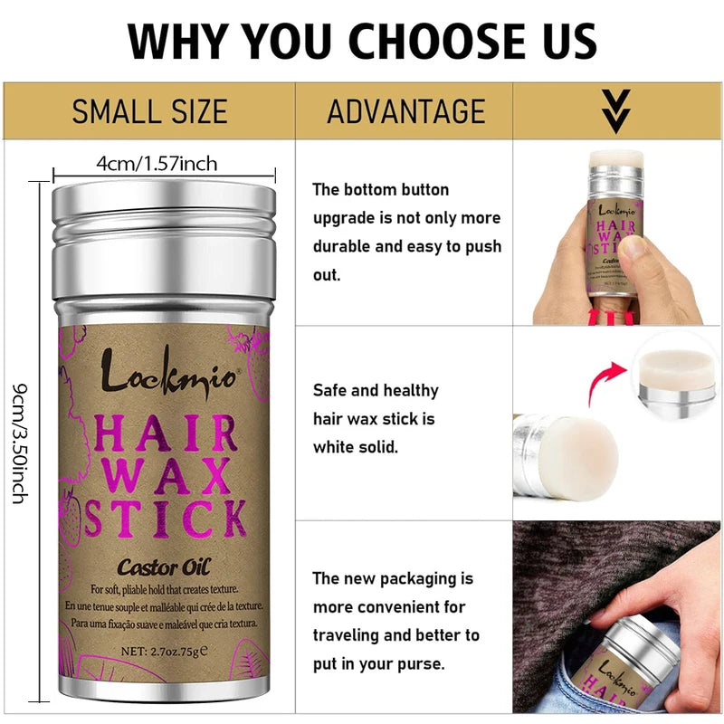 High Shine Hair Wax Stick for Smooth Long-Lasting Anti-Frizz Styling with 3-Comb Kit