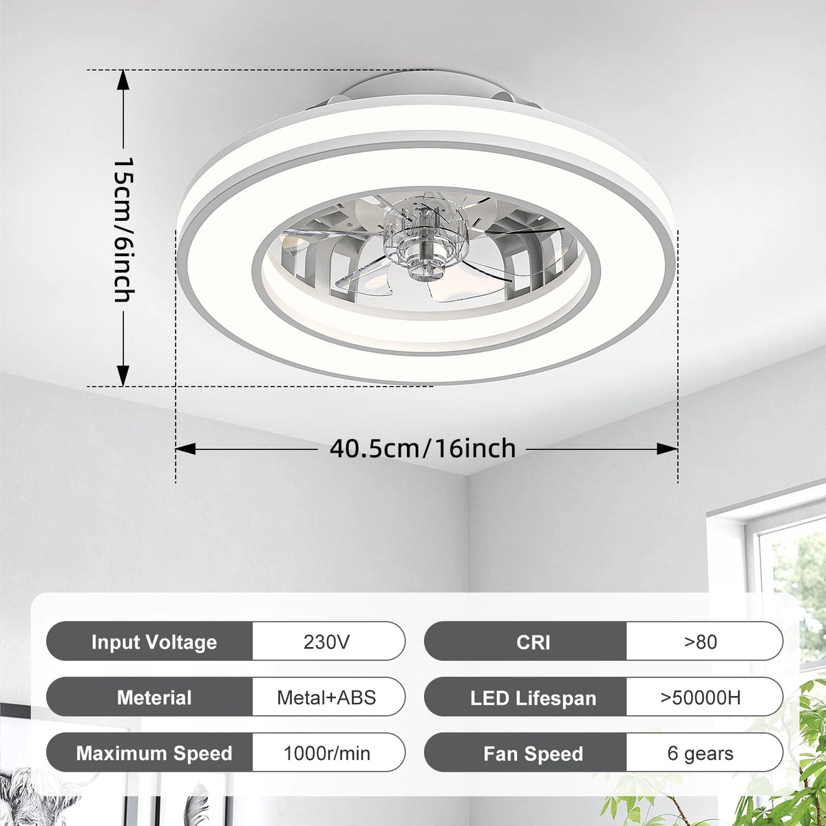 16 Inch LED Ceiling Fan with Remote Control & Dimming for Living Room Bedroom