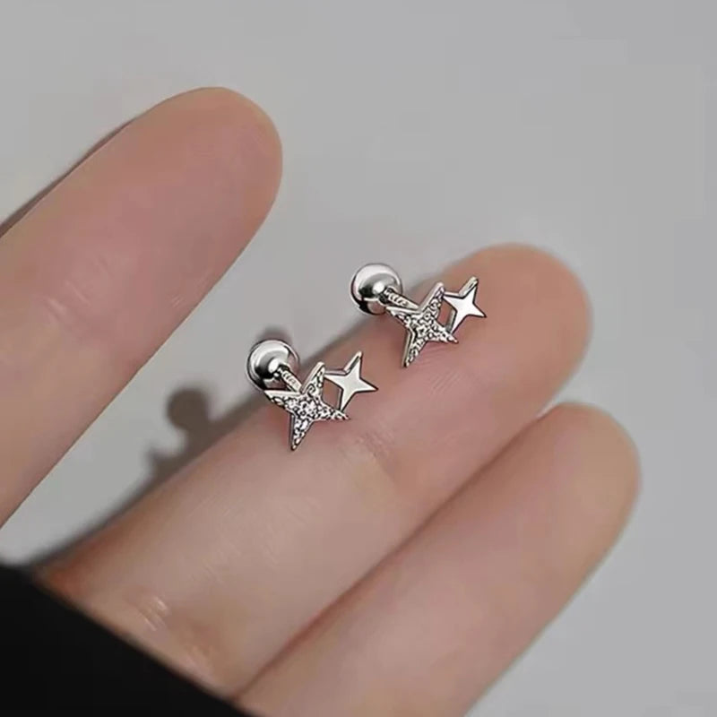 925 Silver Zircon Star Bead Screw Stud Earrings for Women Party Jewelry