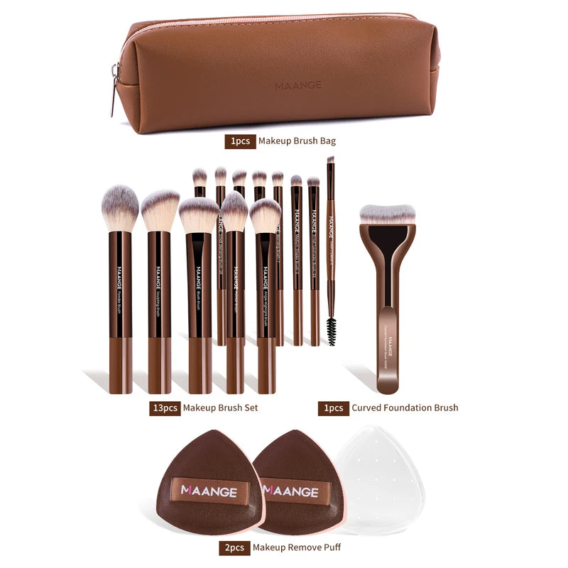 14-Piece Makeup Brush Set with Air Cushion Puffs - Foundation, Blush, Eye Brushes