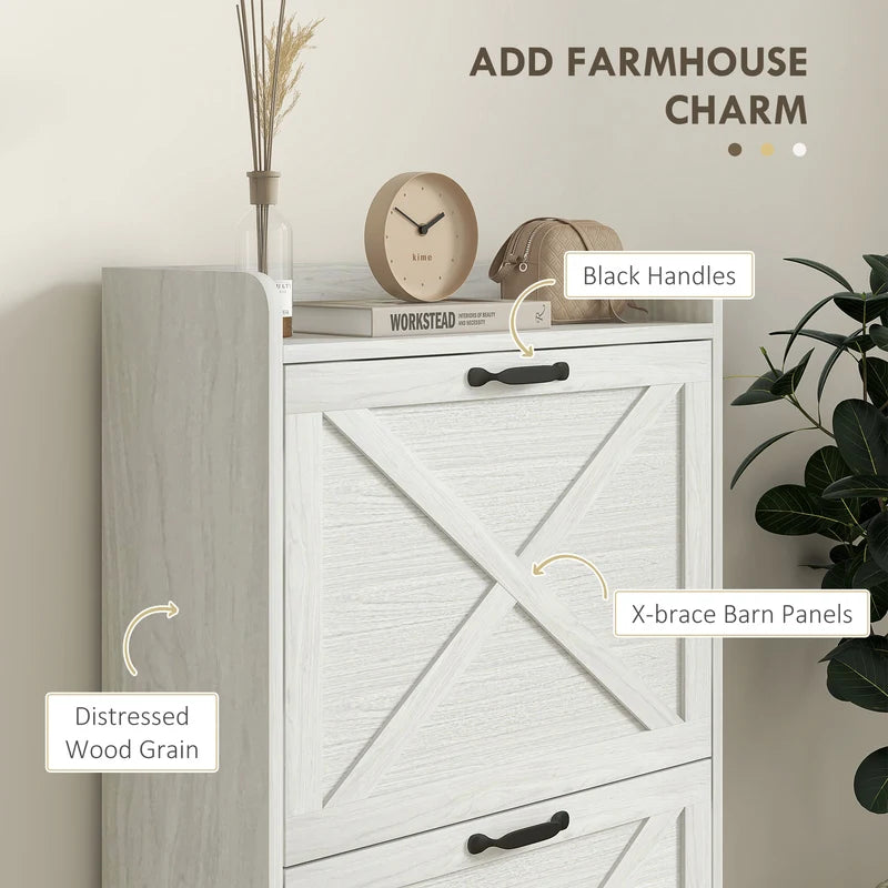 Farmhouse Style Shoe Cabinet with 2 Flip Drawers and Adjustable Shelves, Distressed White Entryway Storage
