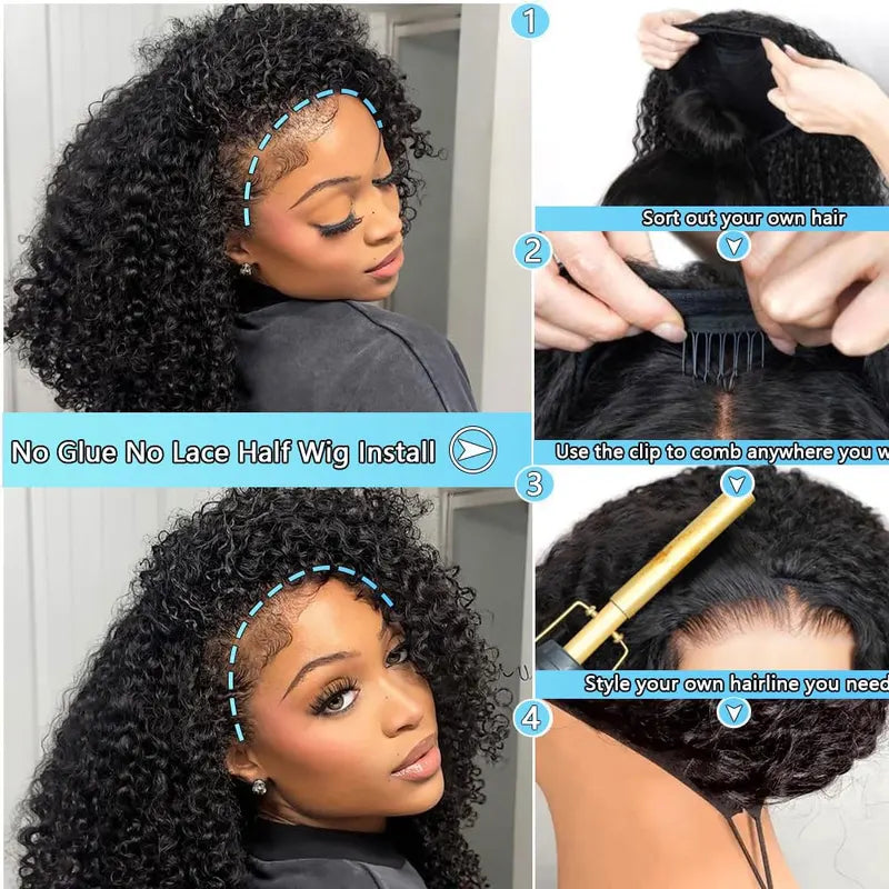Kinky Curly Half Wig with Clip-Ins & Drawstring Seamless Extensions - Human Hair