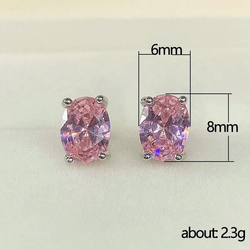 Simple Stud Earrings with Oval Cubic Zirconia for Ladies & Teens - Multiple Colors