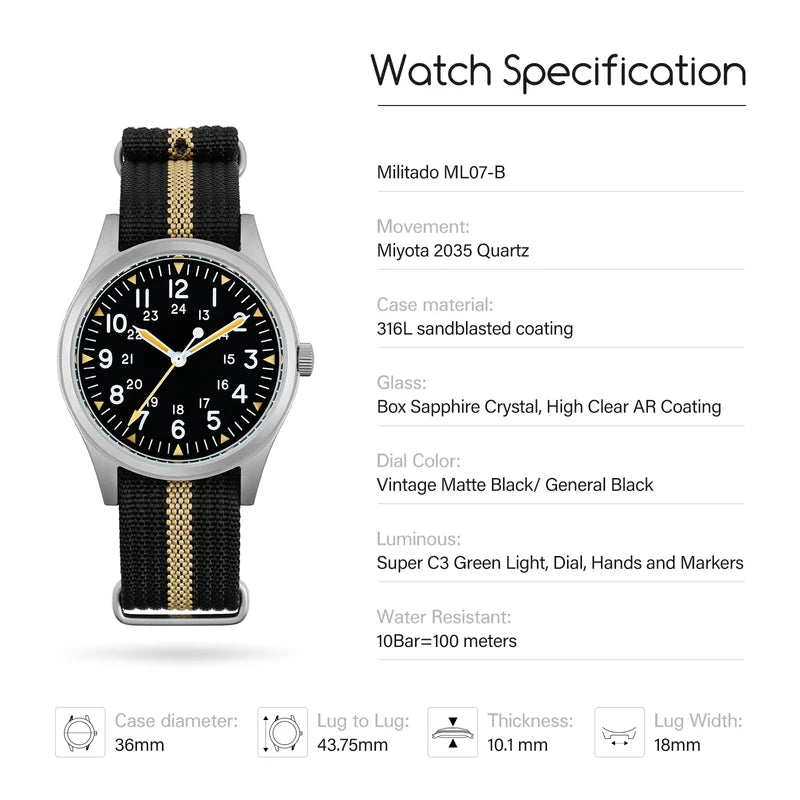 Vintage Military Watch 36mm Waterproof Sapphire Crystal Luminous Dial