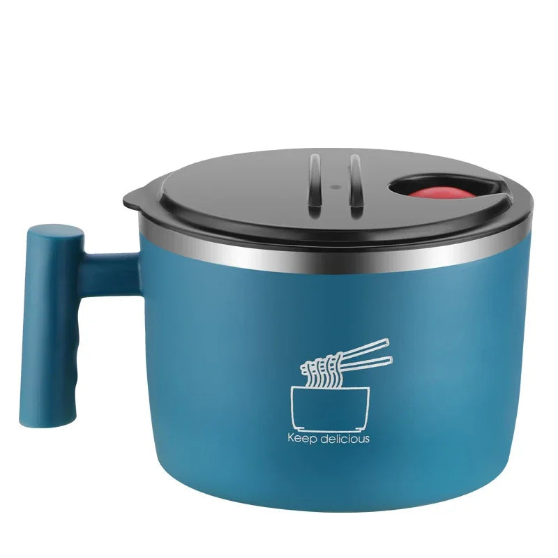 Stainless Steel Instant Noodle Bowl with Lid & Handle - 1000mL, Sealed & Portable Kitchen Drain Bowl