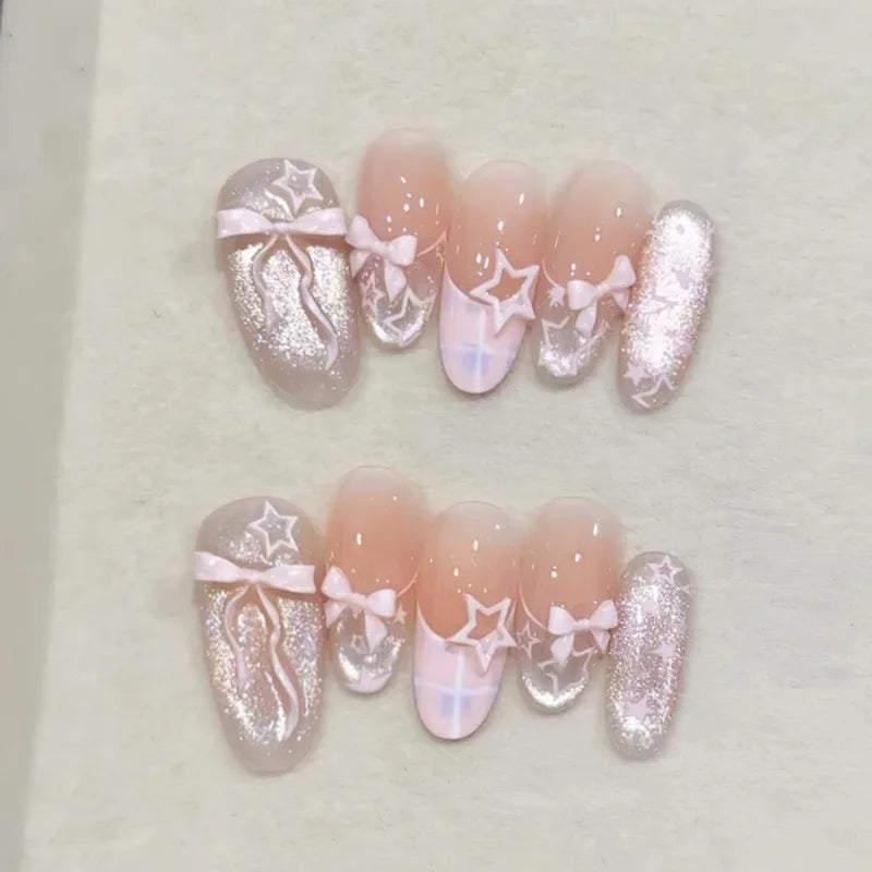 24Pcs Almond Fake Nail Tips with Bow Pearl Design - Press On Full Cover Nails