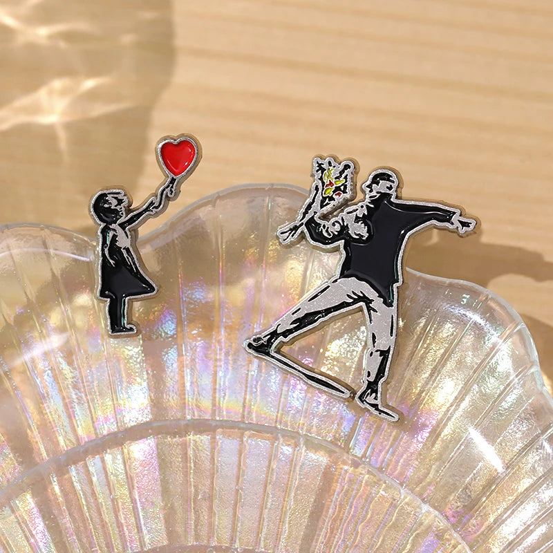 Banksy Art Design Brooch Enamel Pin with Flower Thrower & Girl Badge - Jewelry Gift