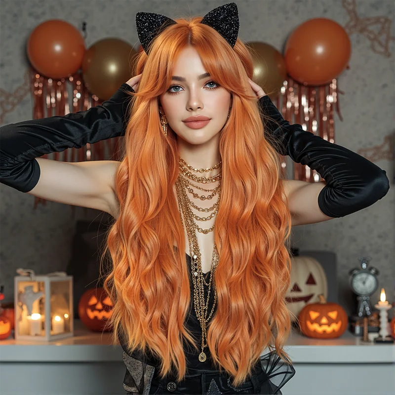 Long Wavy Cosplay Wig with Bangs - Heat Resistant Synthetic Hair for Women