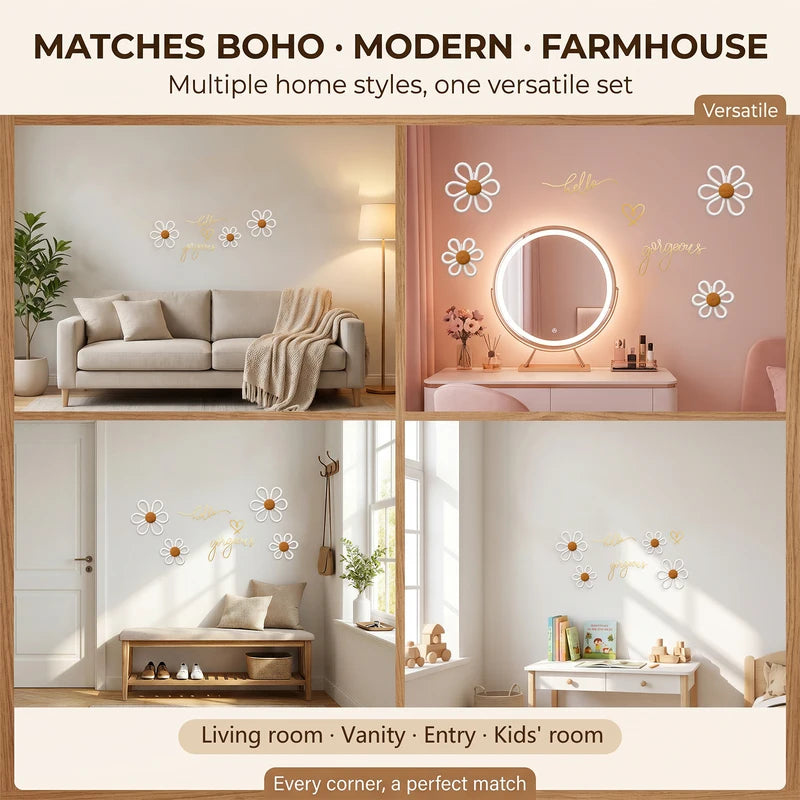 Wall Decor Set with Metal Wire Words, Heart Ornament & Woven Daisies - Boho Wall Art for Nursery & Living Room