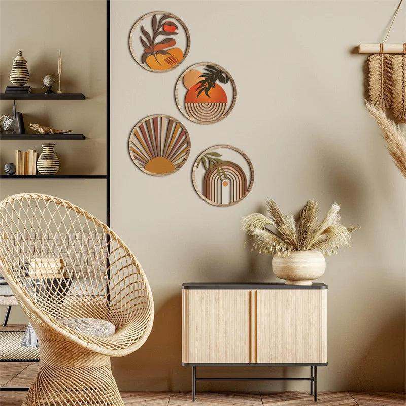 Set of 4 Wooden Bohemian Wall Decor Round Wall Hangings for Farmhouse & Garden