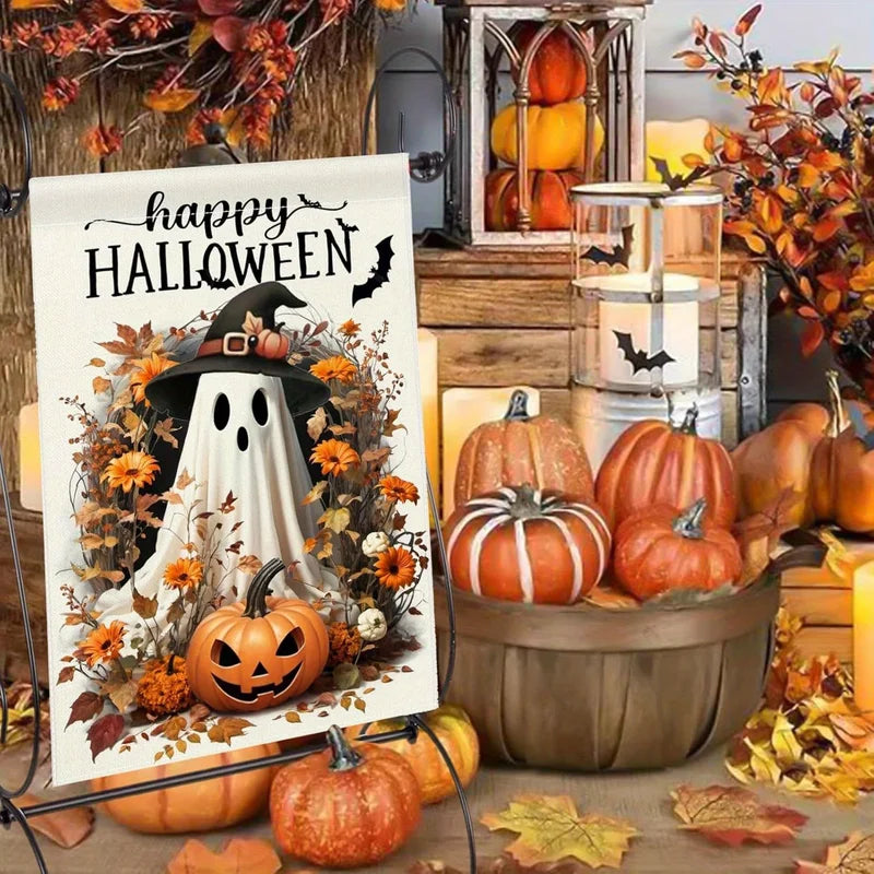 Halloween Garden Flag with Ghost Jack-o'-Lantern Bat Pumpkin and Flowers - Polyester Outdoor Decor