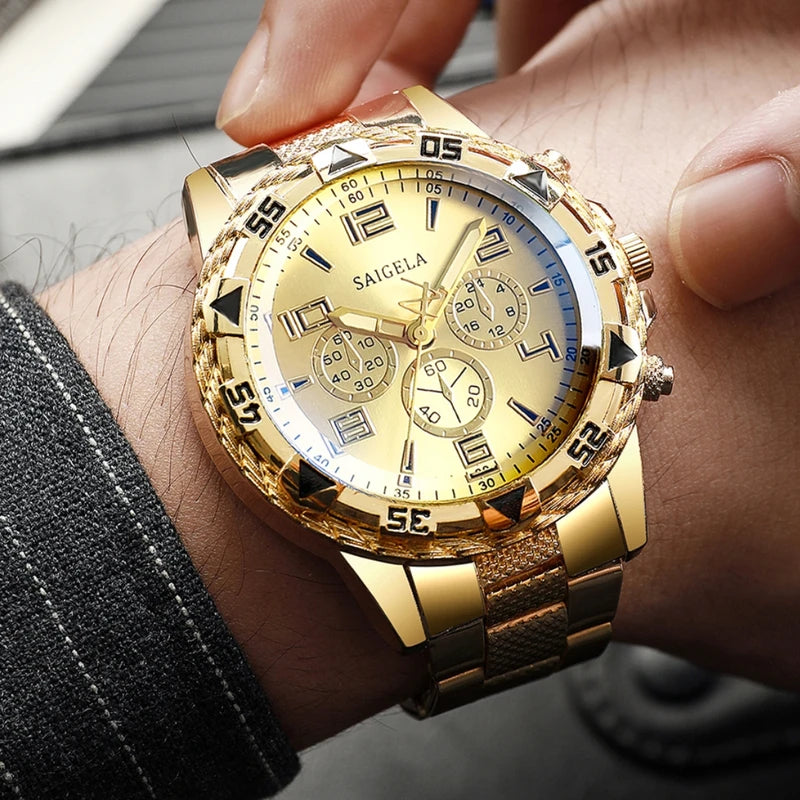 Men's Fashion Quartz Watch Set 4pcs Steel Band Arabic Dial Waterproof