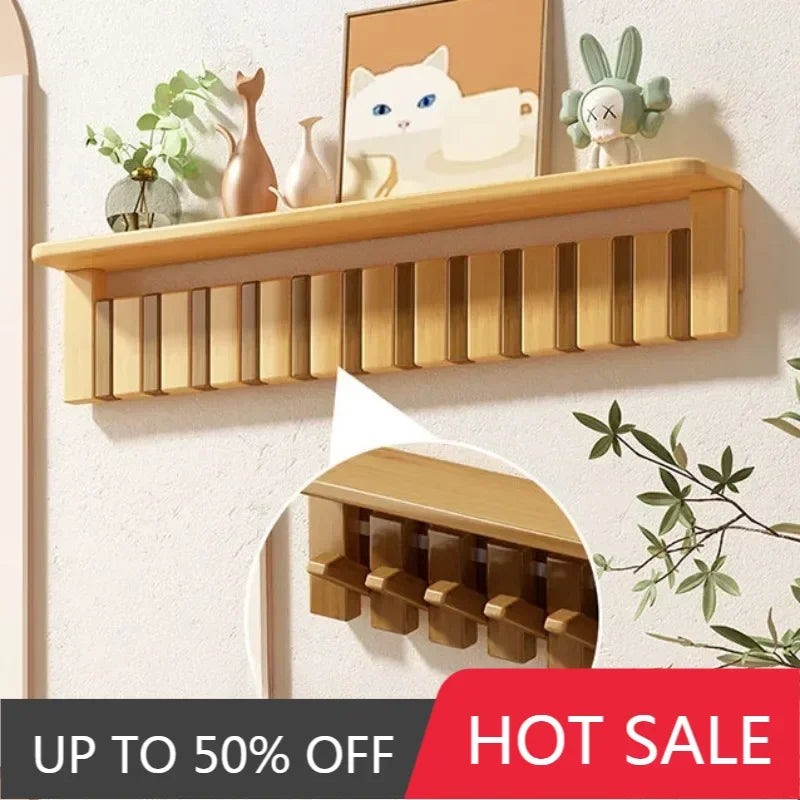 Solid Wood Wall Clothes Hanger Rack with Storage Shelf for Living Room Bedroom