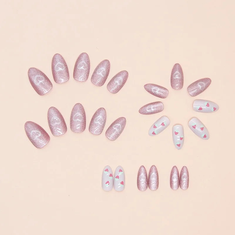 24Pcs Almond Press-On Nails Set with Heart & Strawberry Designs – Glossy Acrylic Fake Nails for Women & Girls