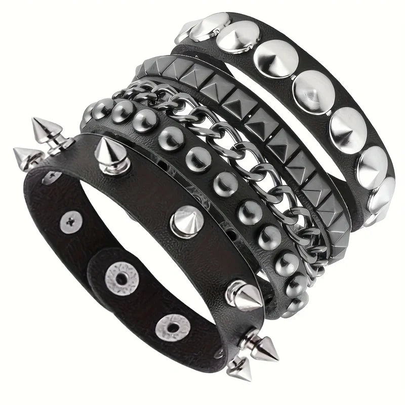 Unisex Punk Leather Bracelet Wide Cuff with Spikes Rivets Gothic Accessories