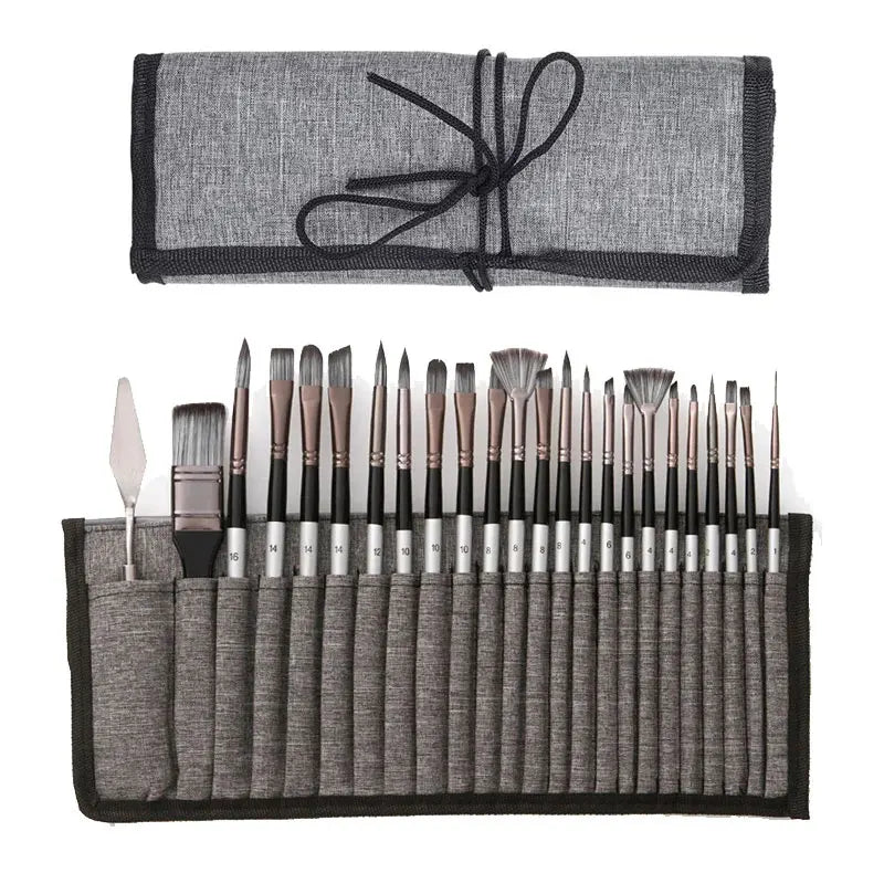 24-Piece Artist Paint Brush Set - Assorted Flat, Round, Fan & Detail Brushes with Soft Bristles