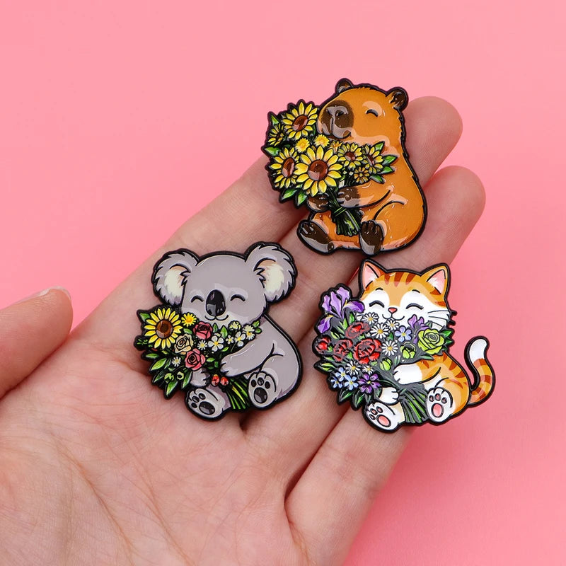 Cute Animal Flower Bouquet Enamel Pins for Backpack & Gift - Assorted Styles