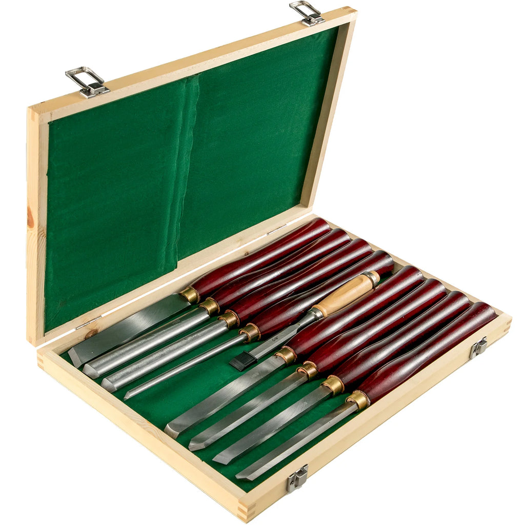 Wood Lathe Chisel Set 8 Pieces with Storage Case - High Speed Steel Blades, 16.14" Length, Wooden Handles, Optional Colors