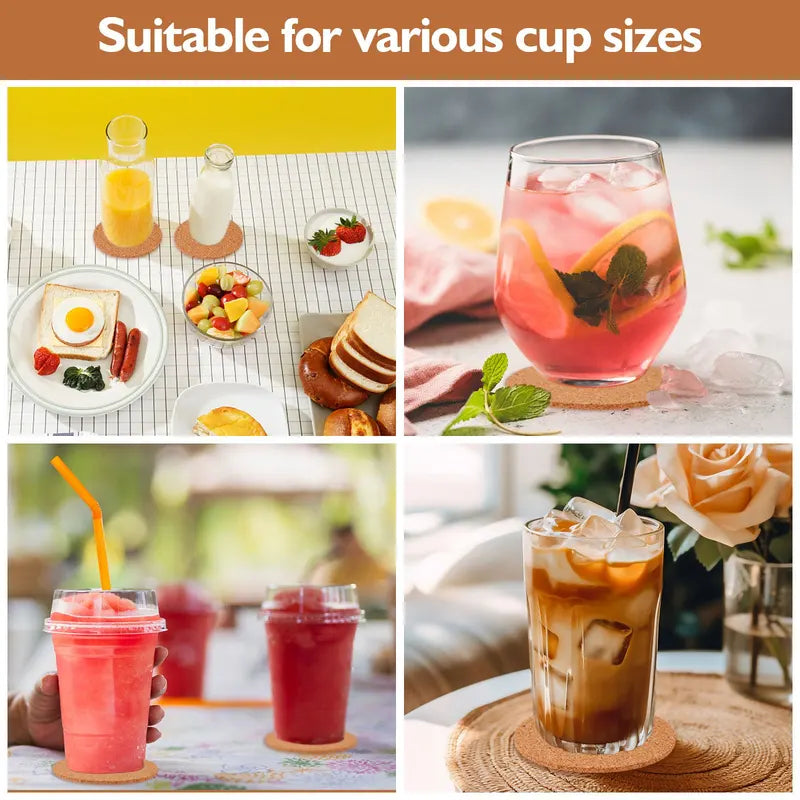 Natural Wooden Cork Coasters Set - Non-Slip Round Heat Insulation Pads for Drinks