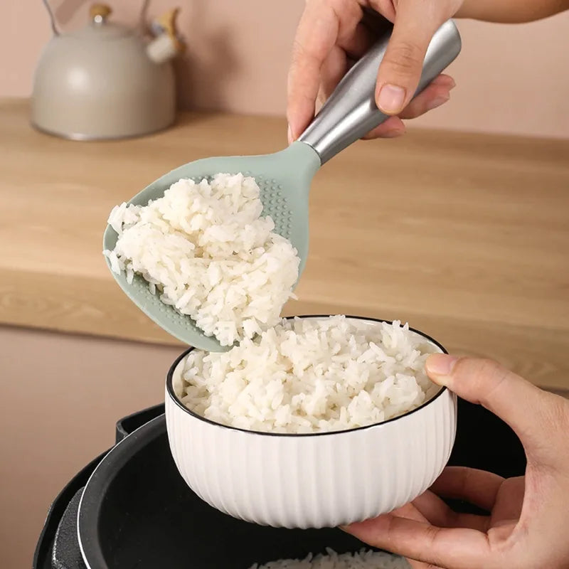 Stainless Steel Handle Silicone Rice Spoon Non-Stick Kitchen Utensil - Heat Resistant