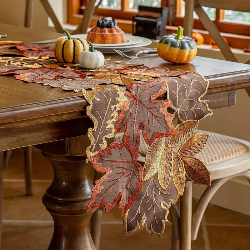 Autumn Maple Leaf Embroidered Table Runner with Flocked Design - Rustic Farmhouse Thanksgiving Decor