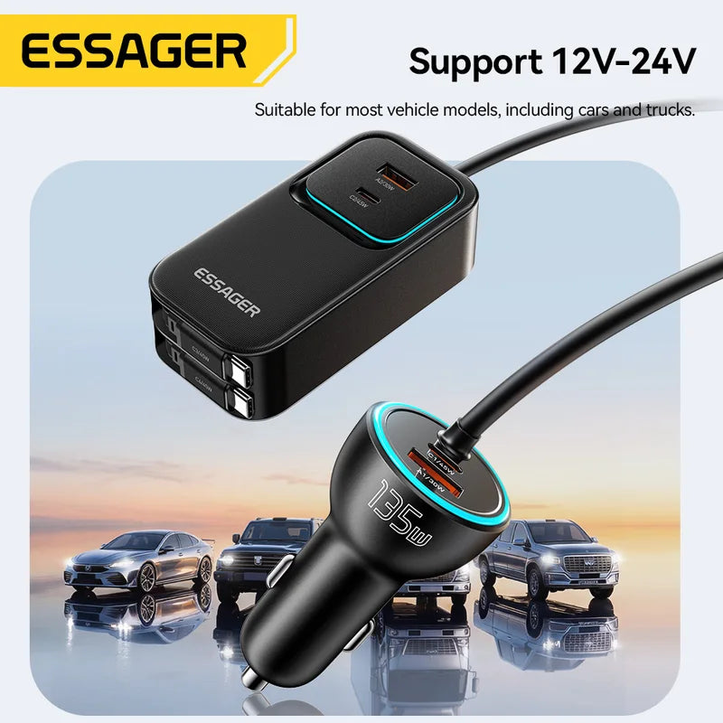 Dual Retractable Car Charger Cable 135W Fast Charging for iPhone, Samsung, Huawei, Laptop
