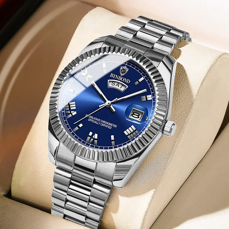 Mens Waterproof Quartz Watch with Luminous Dial and Calendar - Business Sports Style