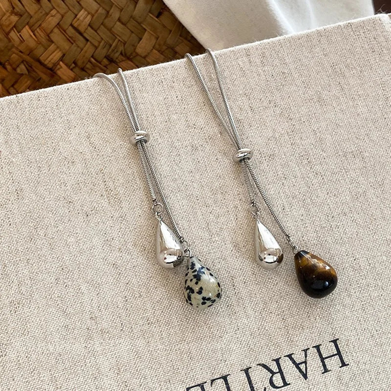 Retro Tiger's-Eye Stone Water Drop Pendant Necklace for Women Adjustable Jewelry Gift