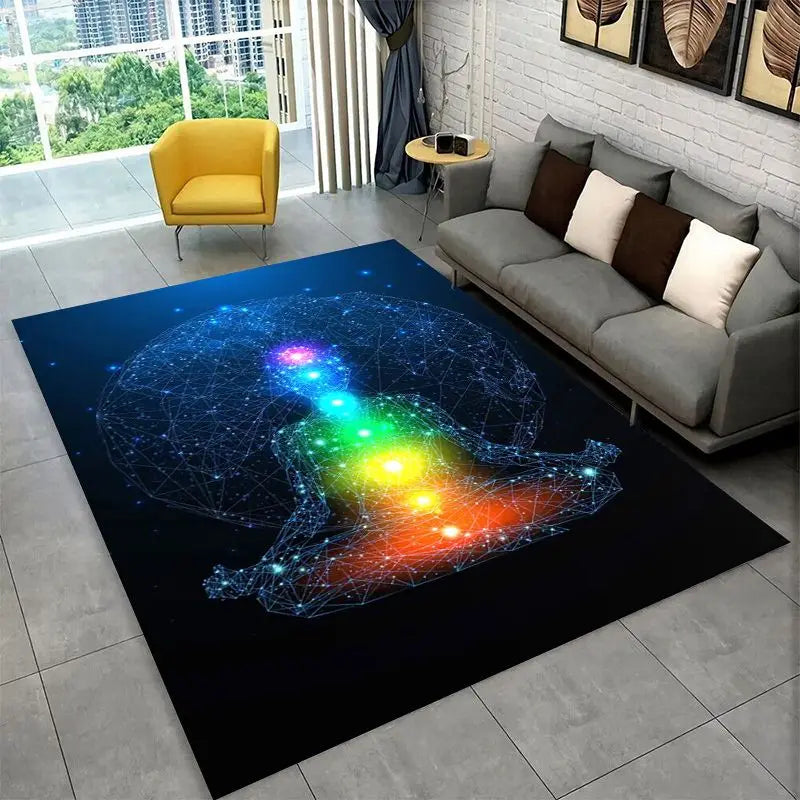 Rainbow Chakra Yoga Mandala Meditation Rug - Non-Slip Carpet for Home & Floor