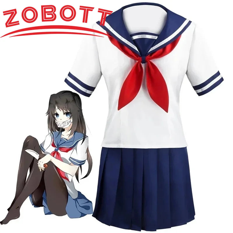 Halloween Cosplay Girl's Navy Blue Sailor Skirt Pantyhose & Black Leather Shoes Costume