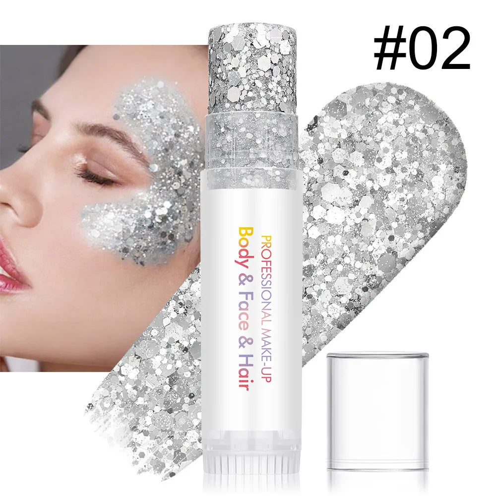 Colorful Body Glitter Stick with Sequins & Shimmer Topcoat for Makeup & Hair - Festive Glam