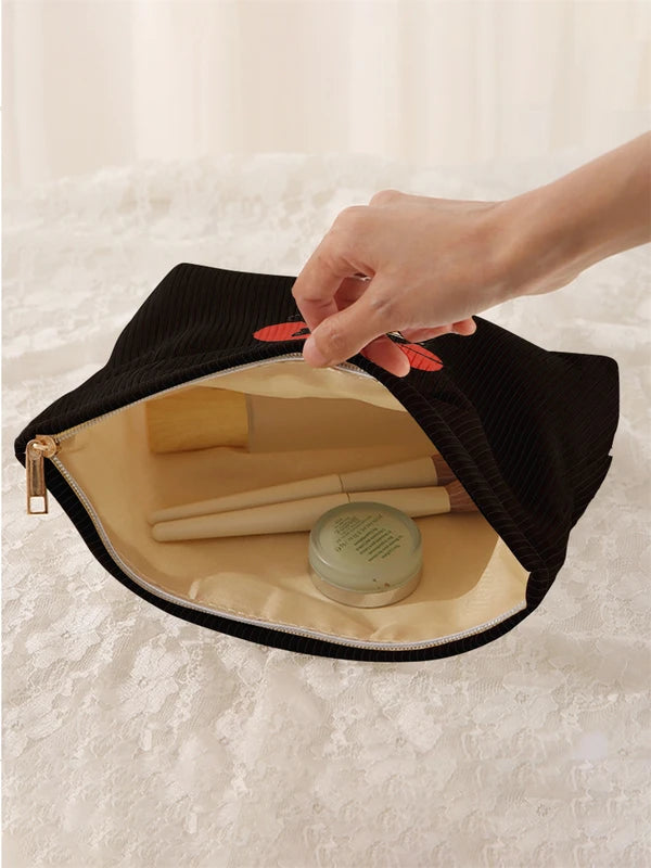 Black Cat Pattern Corduroy Makeup Bag with Zipper - Lightweight Storage Organizer