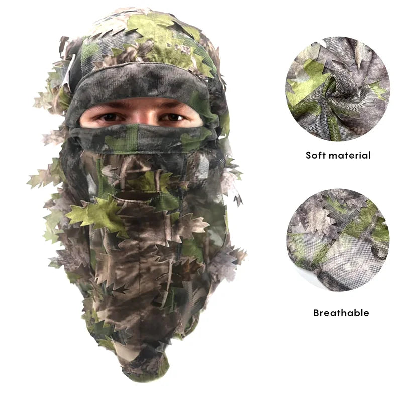 3D Leafy Ghillie Camouflage Hat & Face Mask Set - Hunting & Halloween Gear