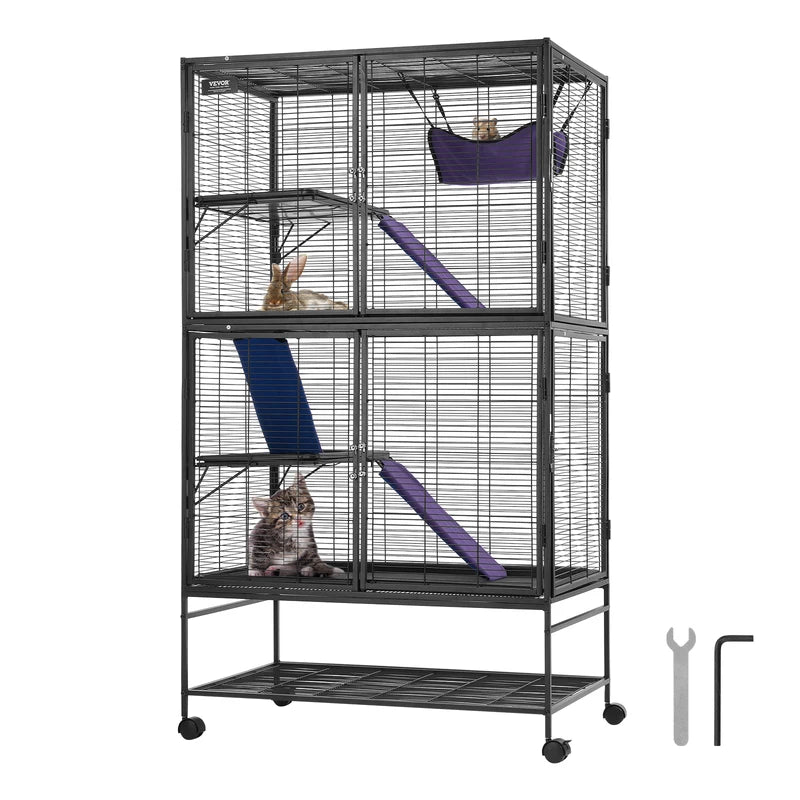 Large 4-Tier Metal Ferret Cage with Wheels & Multiple Platforms for Small Animals