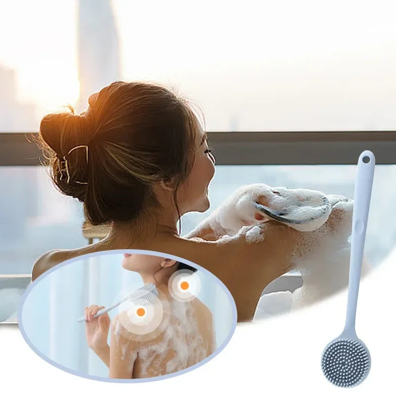 Silicone Long Handle Shower Brush with Dual-Sided Exfoliating Back Scrubber Bath Tool