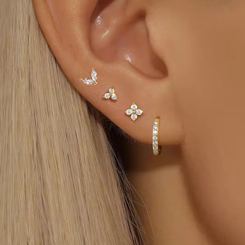 4-Pack Gold Plated Flower Round Piercing Earrings Set for Women Jewelry