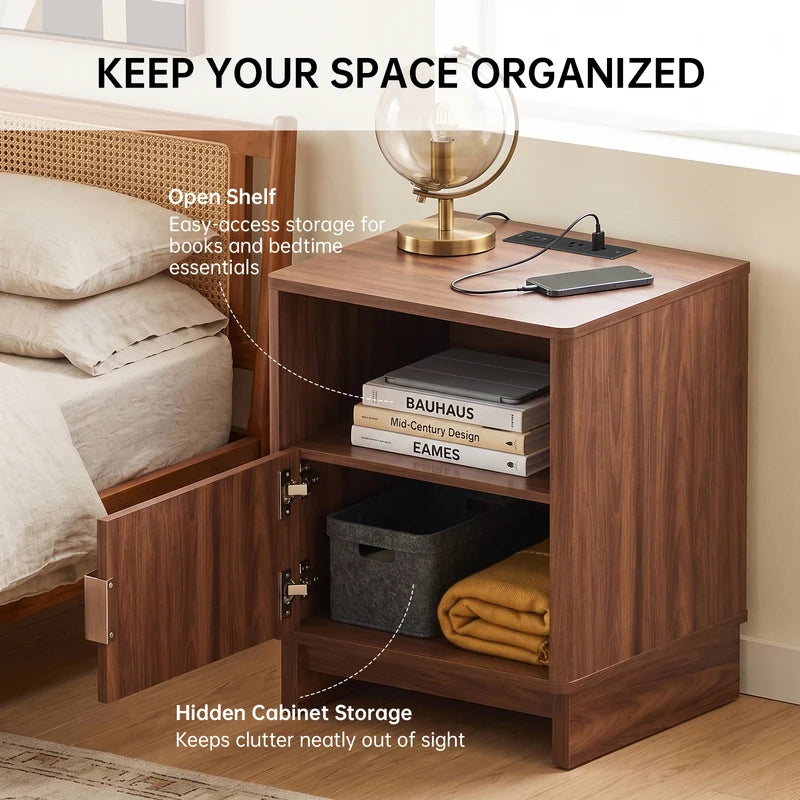 Nightstand with Charging Station, Fluted Wood End Table with Storage Drawer