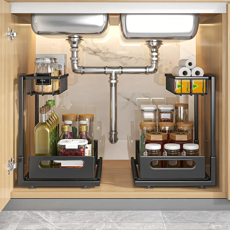 Under Sink Organizer with Sliding Drawer - Metal Storage Shelves for Kitchen Cabinets