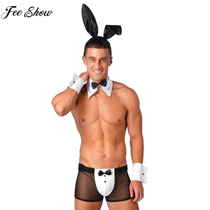 Men's Bunny Cosplay Costume Set with Sheer Boxer Briefs Rabbit Ears Headband and Accessories