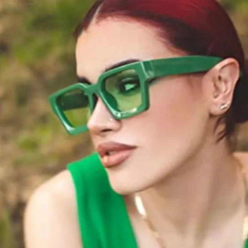 Unisex Square Fashion Sunglasses UV400 Retro Green Lens Shades for Women Men