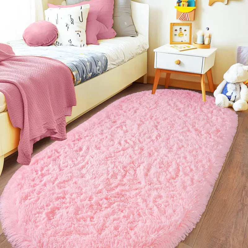 Fluffy Oval Carpet Bedside Mat - Moisture-Proof, Kids & Living Room Decor