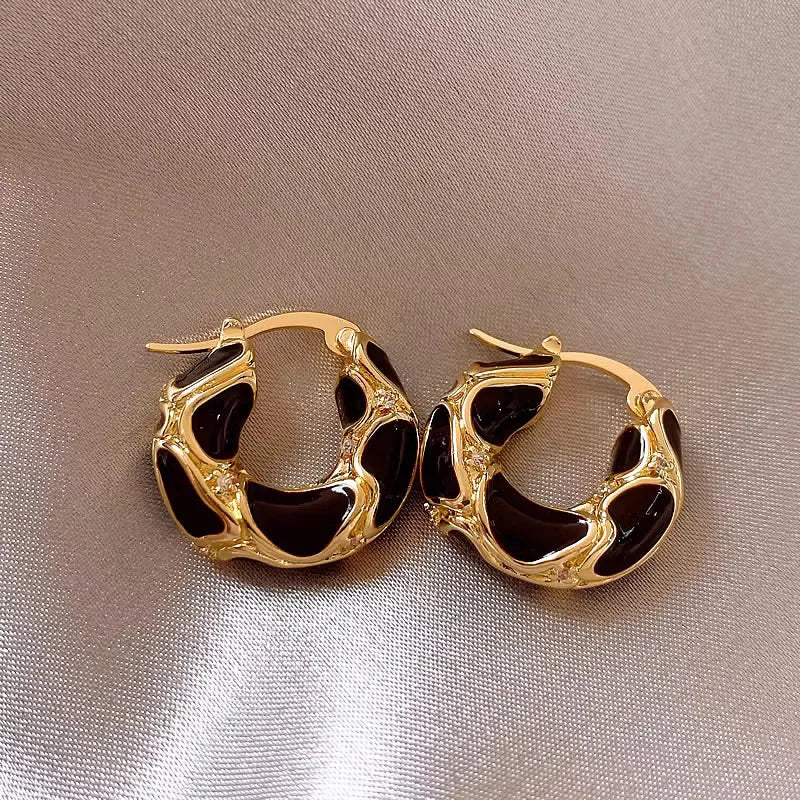 Vintage Enamel Metal Texture Hoop Earrings for Women Gold Plated Statement Jewelry