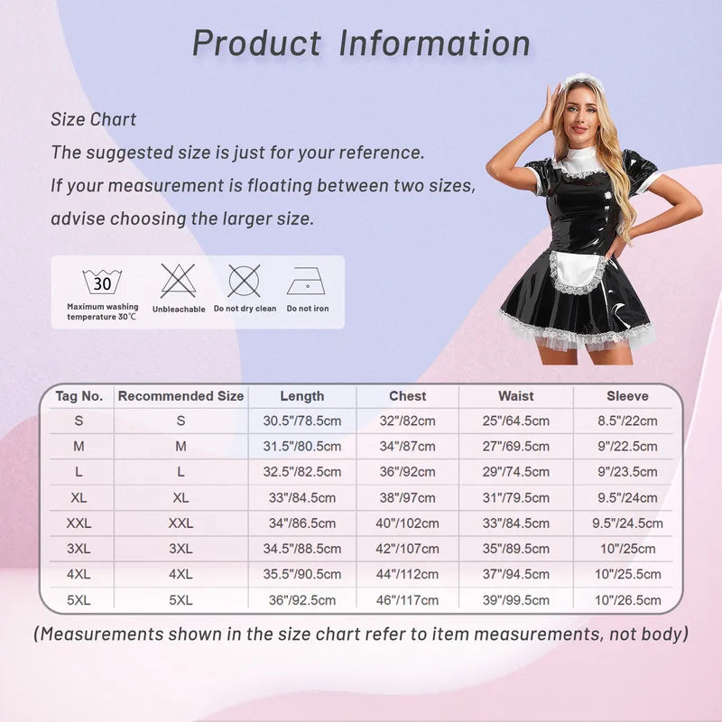 Women's Latex French Maid Cosplay Costume Dress with Apron for Halloween & Parties